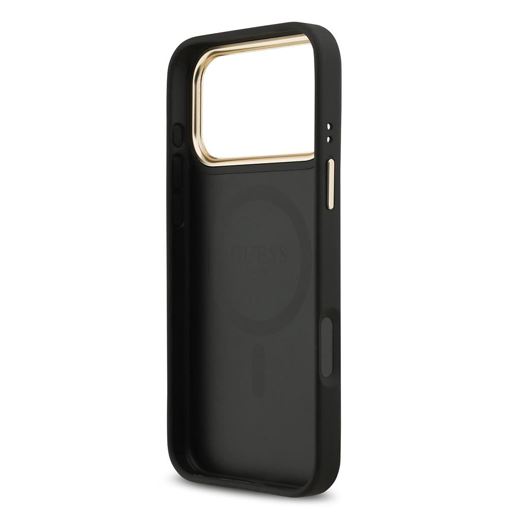 Apple iPhone 17 Pro Max Kılıf Guess Orjinal Lisanslı M-safe Şarj Özellikli Gold Metal Kamera Çerçeveli Taşlı 4G Logolu Kapak