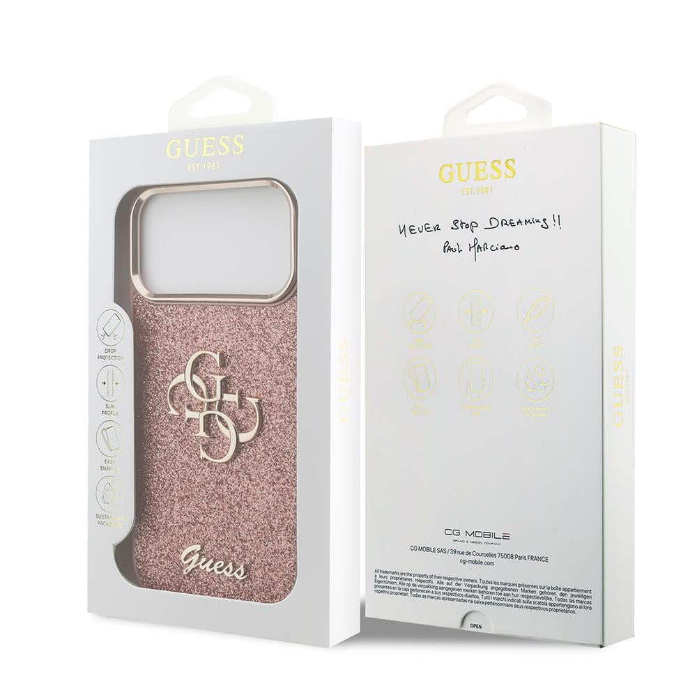 Apple iPhone 17 Pro Max Kılıf Guess Orjinal Lisanslı 4G Büyük Metal Kamera Çerçeveli ve Logolu Glitter Kapak