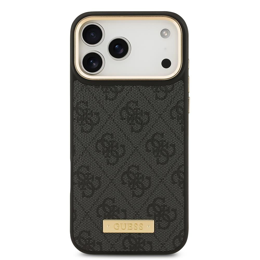 Apple iPhone 17 Pro Max Kılıf Guess Orjinal Lisanslı M-safe Şarj Özellikli 4G Desenli PU Metal Plaka Klasik Logolu Kapak
