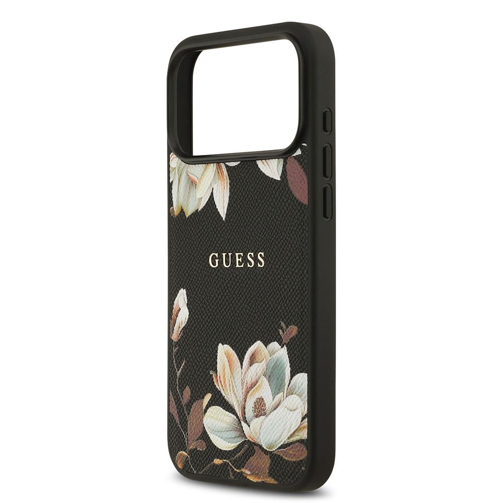 Apple iPhone 17 Pro Max Kılıf Guess Orjinal Lisanslı M-safe Şarj Özellikli Taneli Çiçek Tasarımlı Metal Yazı Logolu Kapak