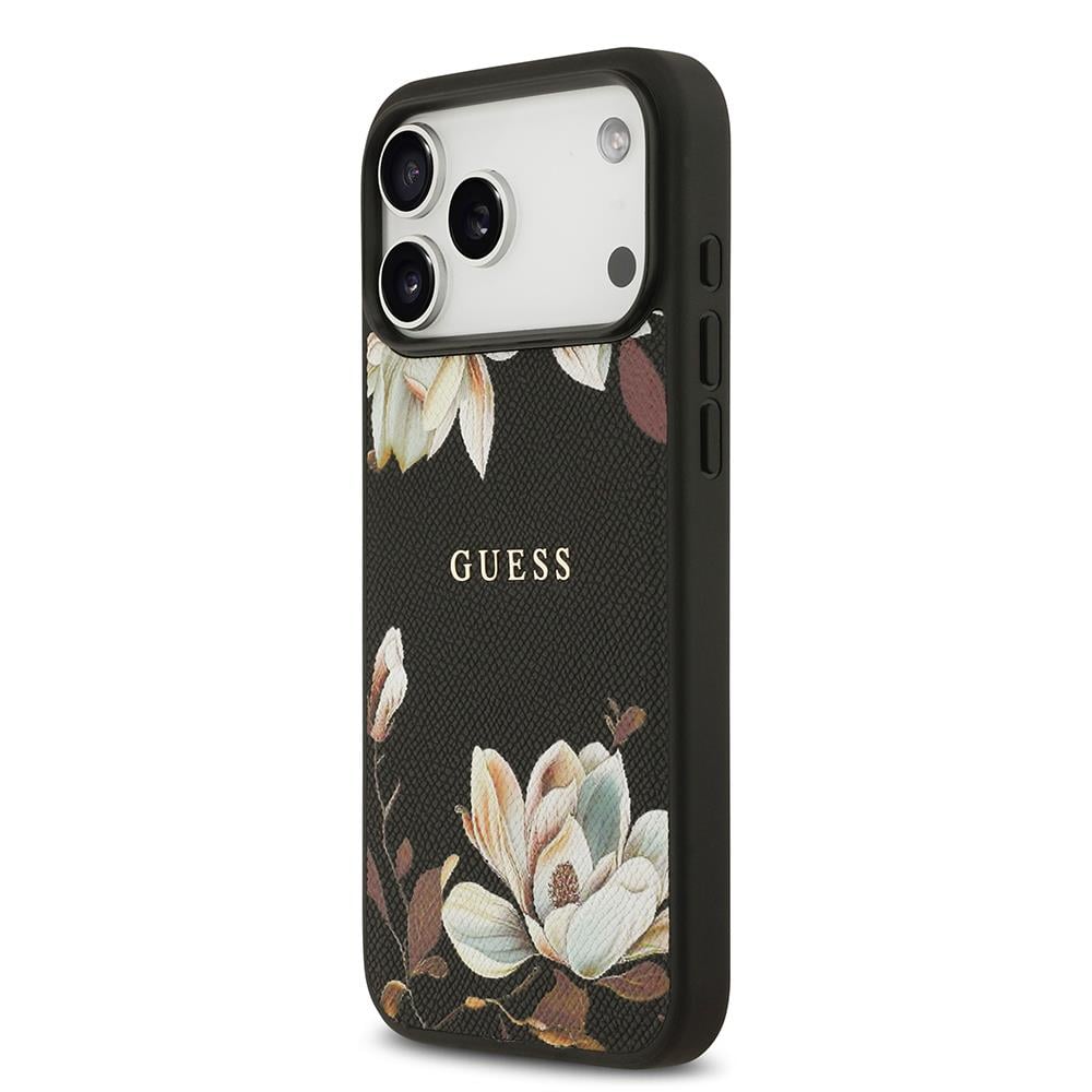 Apple iPhone 17 Pro Max Kılıf Guess Orjinal Lisanslı M-safe Şarj Özellikli Taneli Çiçek Tasarımlı Metal Yazı Logolu Kapak