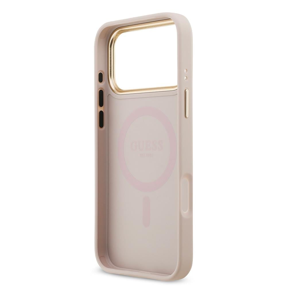 Apple iPhone 17 Pro Max Kılıf Guess Orjinal Lisanslı M-safe Şarj Özellikli Gold Metal Kamera Çerçeveli Taşlı 4G Logolu Kapak