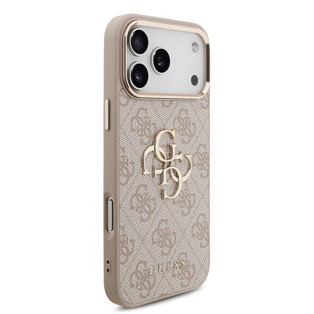 Apple iPhone 17 Pro Max Kılıf Guess Orjinal Lisanslı Gold Metal Kamera Çerçeveli 4G Desenli Metal Büyük 4G ve Yazı Logolu Kapak