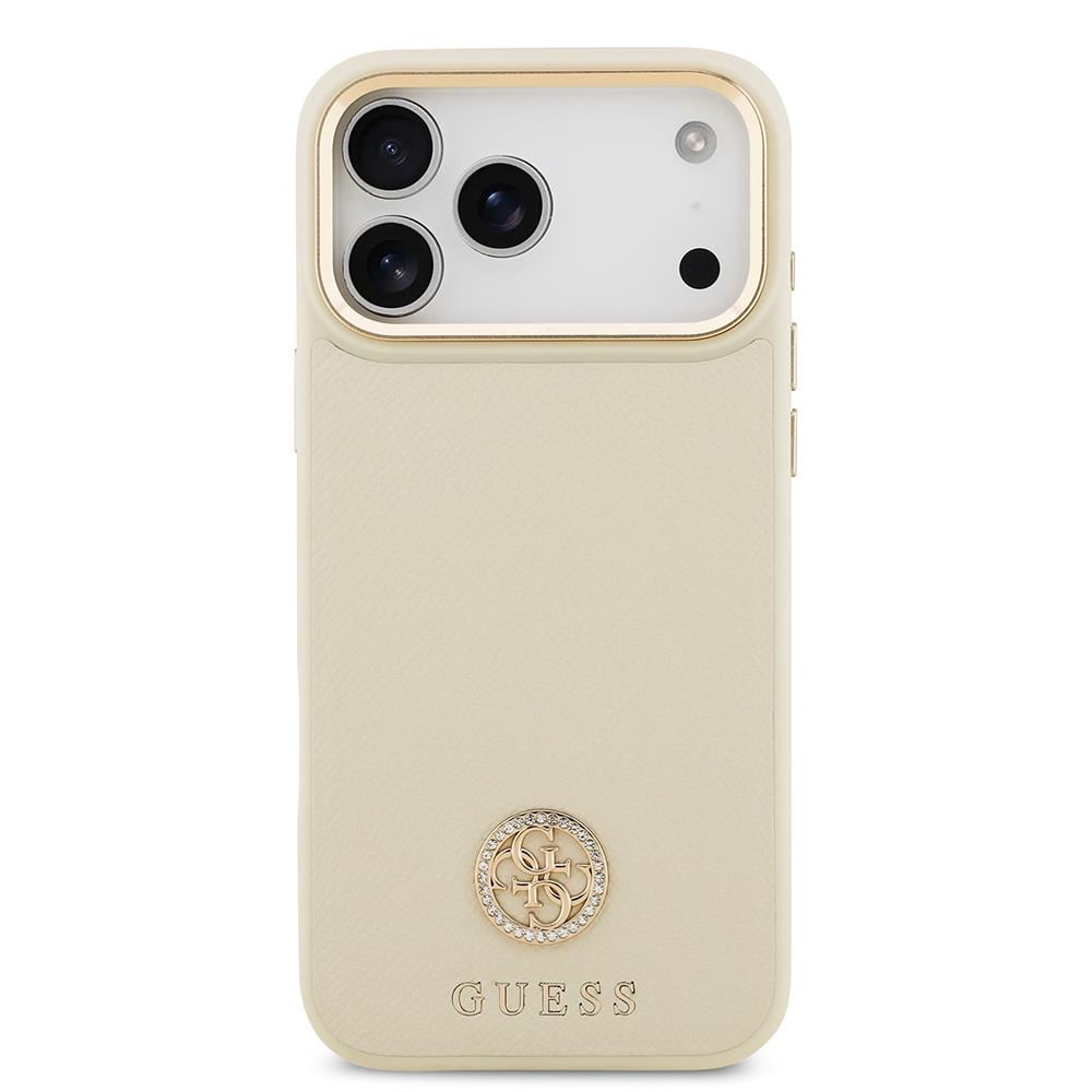 Apple iPhone 17 Pro Max Kılıf Guess Orjinal Lisanslı M-safe Şarj Özellikli Grained Yazı ve Taşlı 4G Logolu Kapak