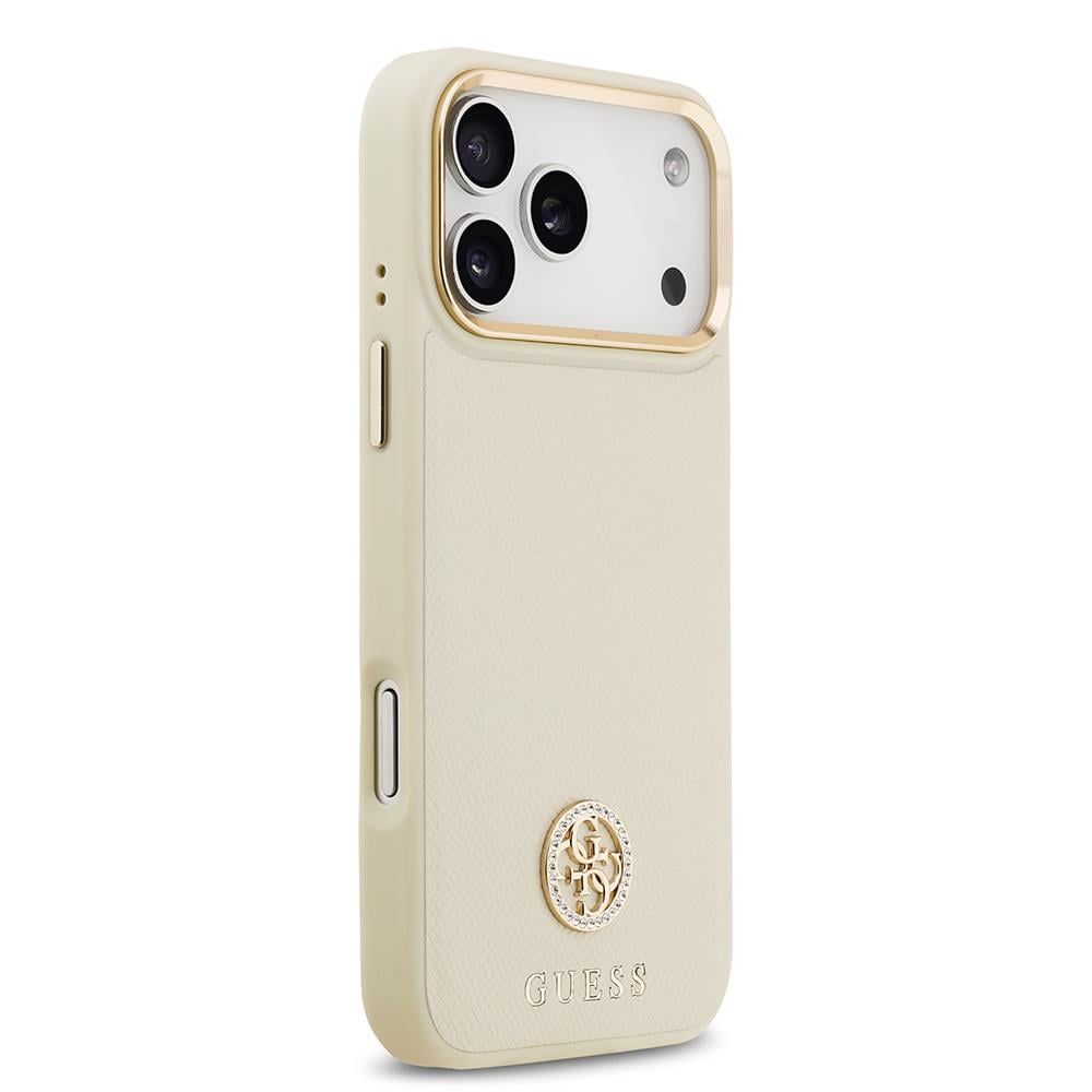 Apple iPhone 17 Pro Max Kılıf Guess Orjinal Lisanslı M-safe Şarj Özellikli Grained Yazı ve Taşlı 4G Logolu Kapak