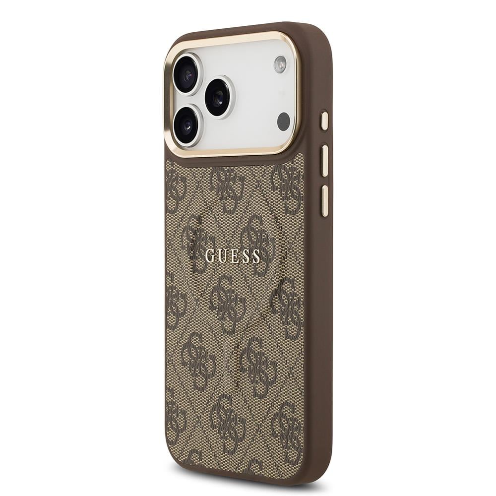 Apple iPhone 17 Pro Max Kılıf Guess Orjinal Lisanslı M-safe Şarj Özellikli Gold Metal Kamera Çerçeveli PU Deri 4G Desenli Yazı Logolu Kapak