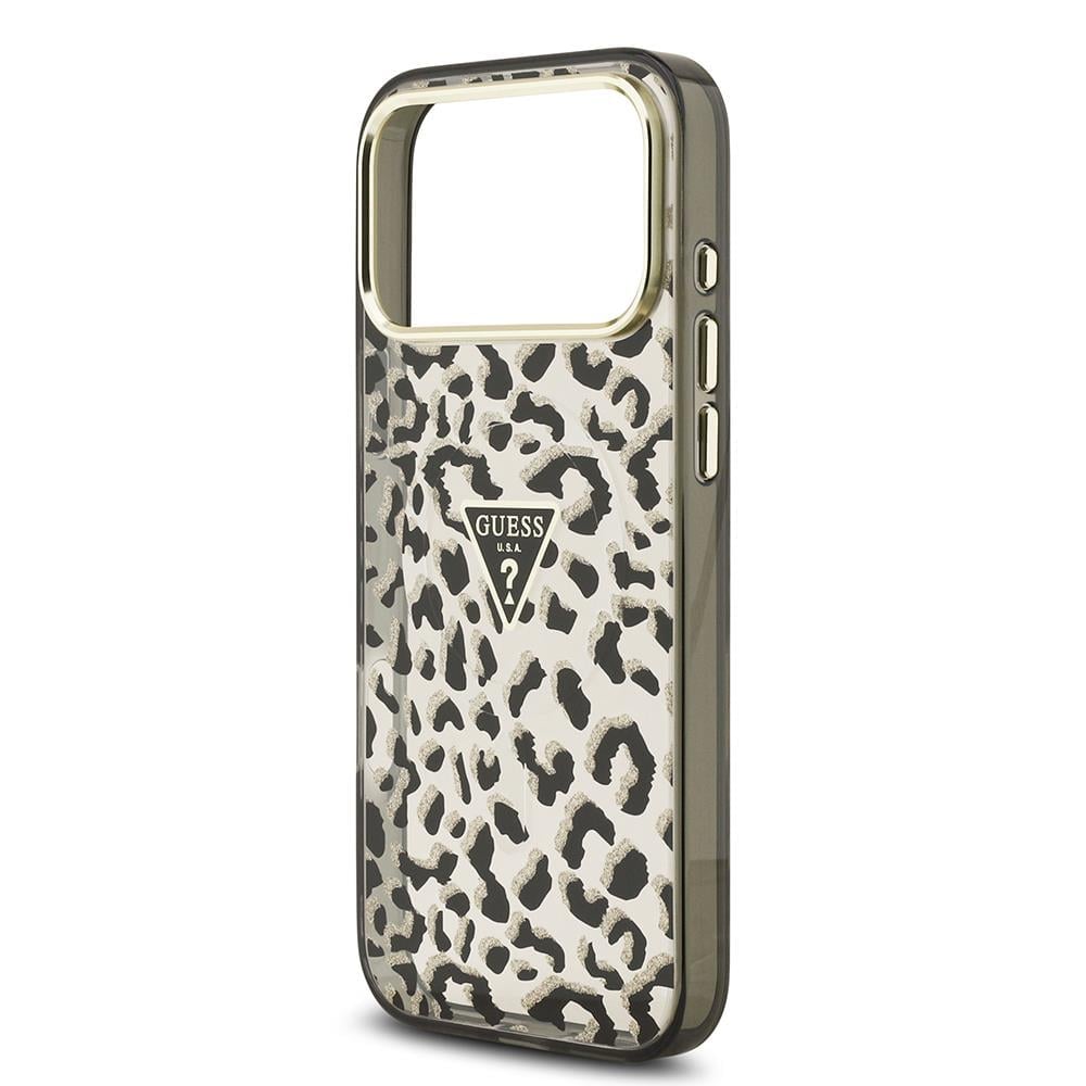 Apple iPhone 17 Pro Max Kılıf Guess Orjinal Lisanslı M-safe Şarj Özellikli Üçgen Logolu Simli Leopar Desenli Kapak