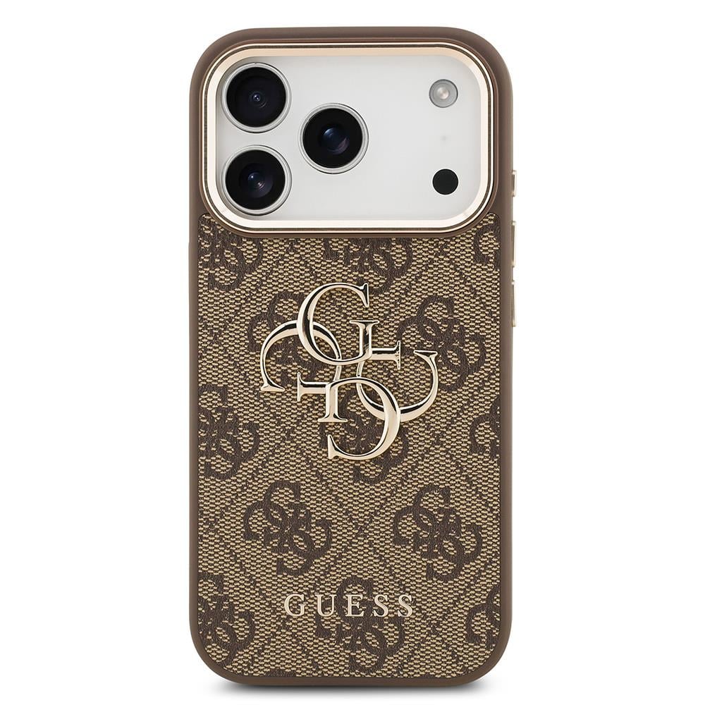Apple iPhone 17 Pro Max Kılıf Guess Orjinal Lisanslı Gold Metal Kamera Çerçeveli 4G Desenli Metal Büyük 4G ve Yazı Logolu Kapak