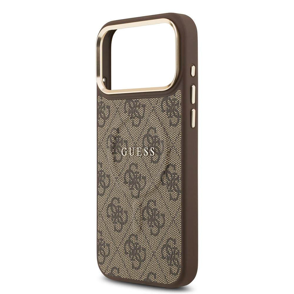 Apple iPhone 17 Pro Max Kılıf Guess Orjinal Lisanslı M-safe Şarj Özellikli Gold Metal Kamera Çerçeveli PU Deri 4G Desenli Yazı Logolu Kapak
