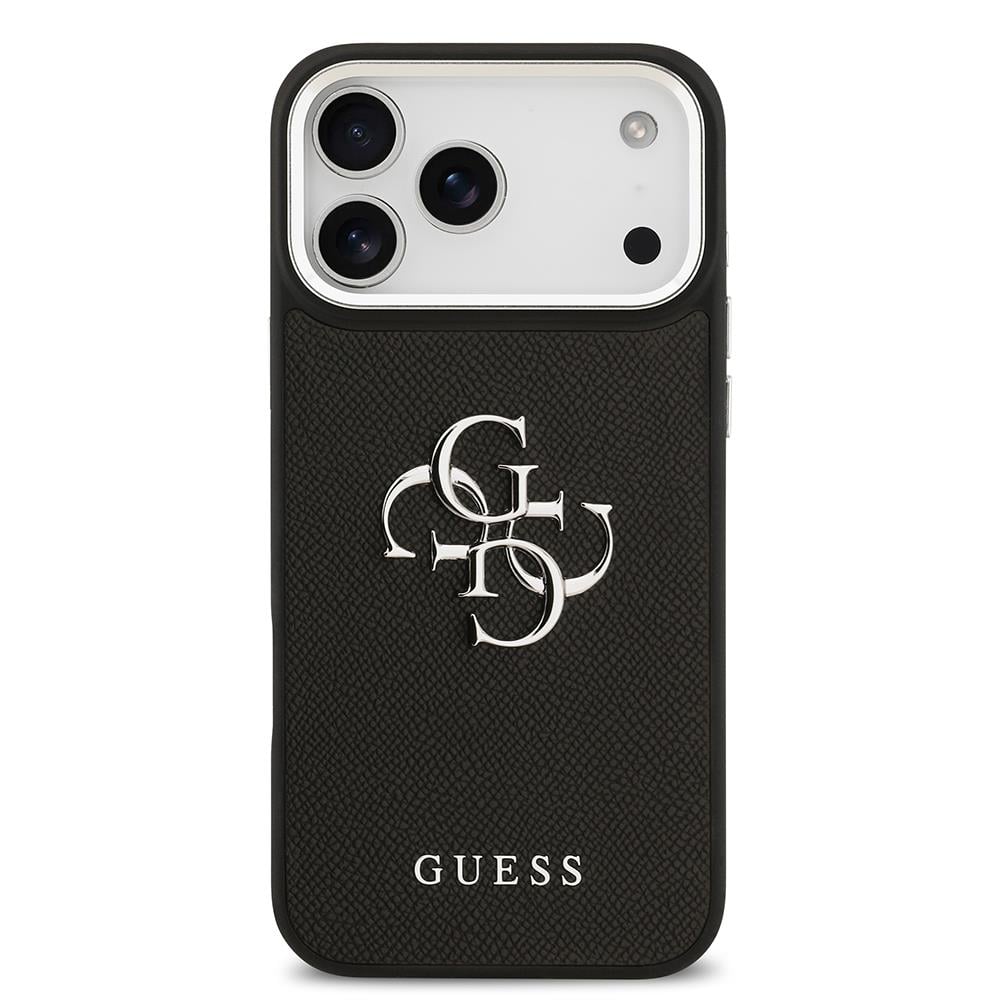 Apple iPhone 17 Pro Max Kılıf Guess Orjinal Lisanslı Metal Kamera Çerçeveli Metal Büyük 4G ve Yazı Logolu PU Deri Kapak