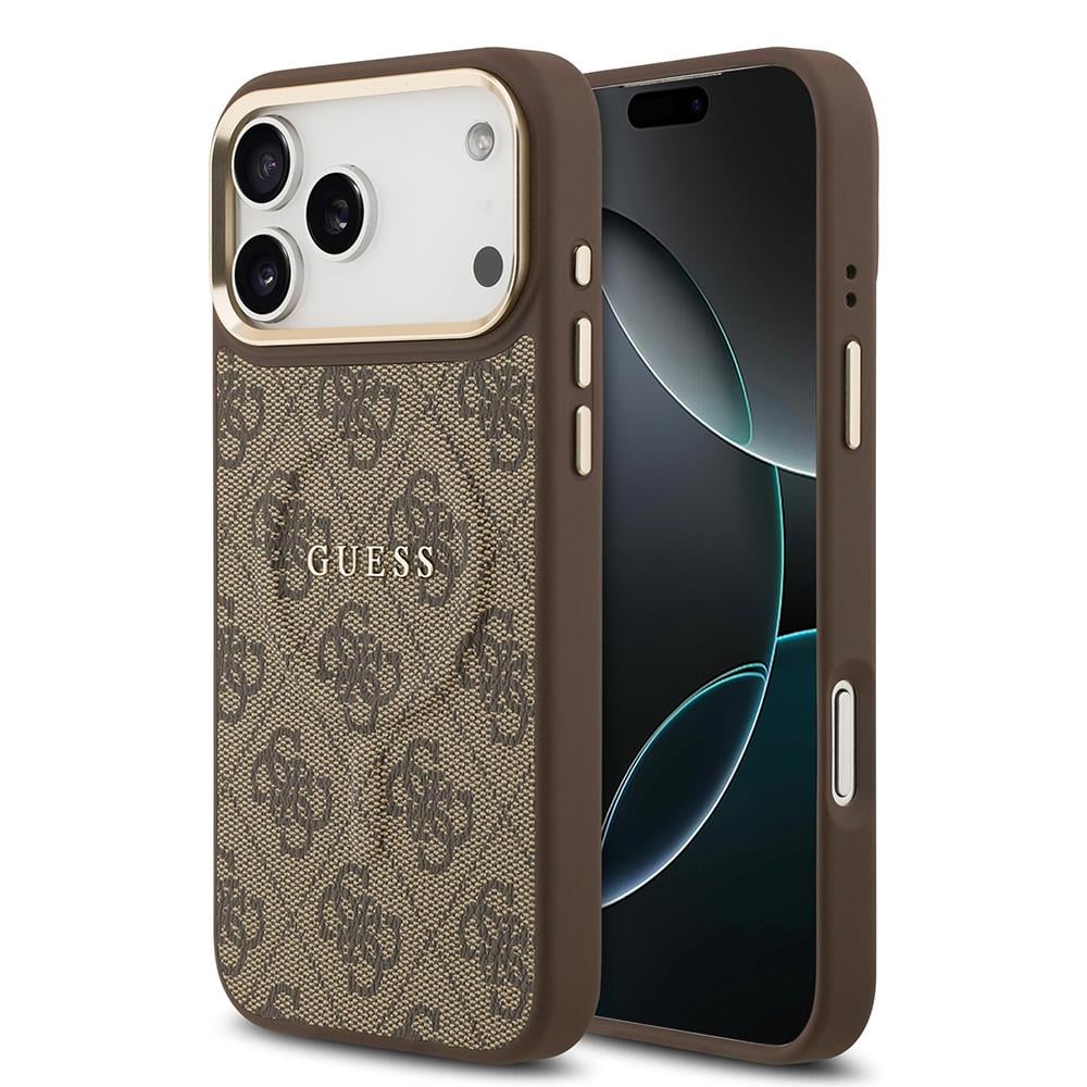 Apple iPhone 17 Pro Max Kılıf Guess Orjinal Lisanslı M-safe Şarj Özellikli Gold Metal Kamera Çerçeveli PU Deri 4G Desenli Yazı Logolu Kapak