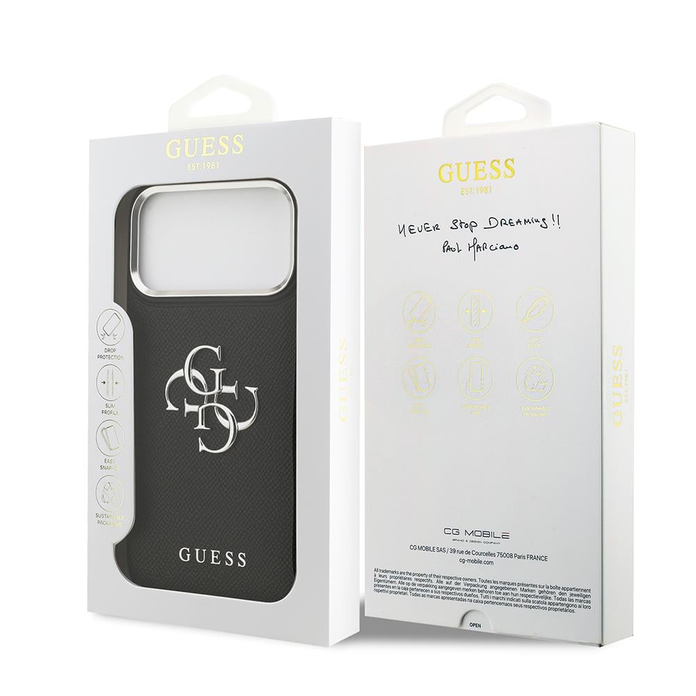 Apple iPhone 17 Pro Max Kılıf Guess Orjinal Lisanslı Metal Kamera Çerçeveli Metal Büyük 4G ve Yazı Logolu PU Deri Kapak
