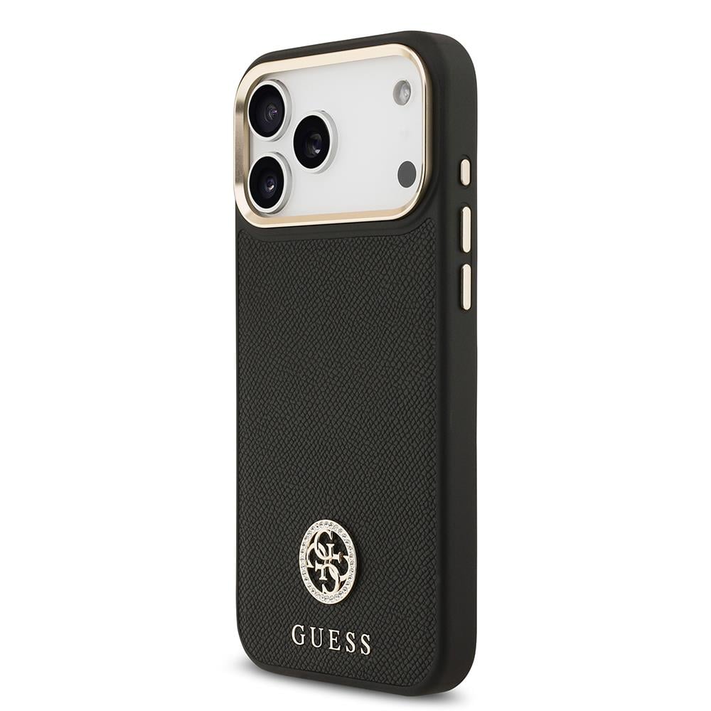 Apple iPhone 17 Pro Max Kılıf Guess Orjinal Lisanslı M-safe Şarj Özellikli Grained Yazı ve Taşlı 4G Logolu Kapak