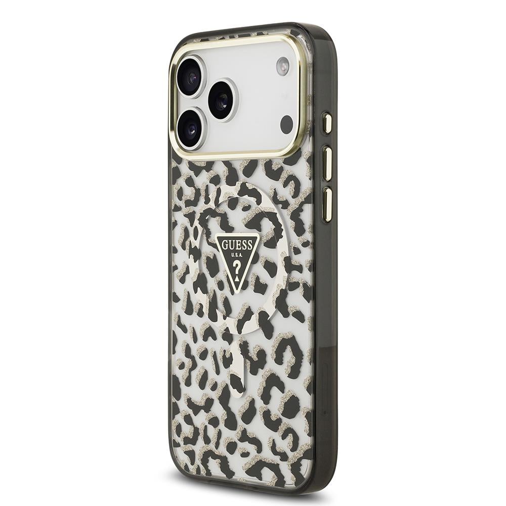 Apple iPhone 17 Pro Max Kılıf Guess Orjinal Lisanslı M-safe Şarj Özellikli Üçgen Logolu Simli Leopar Desenli Kapak