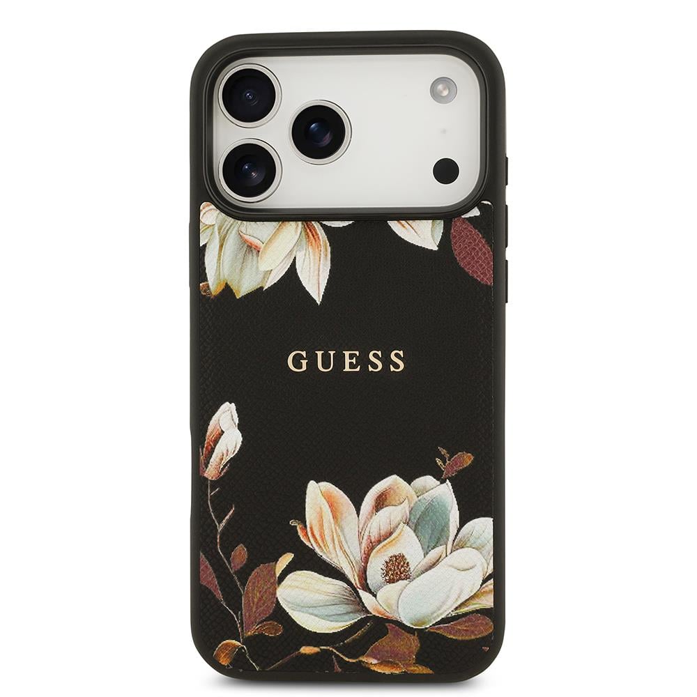 Apple iPhone 17 Pro Max Kılıf Guess Orjinal Lisanslı M-safe Şarj Özellikli Taneli Çiçek Tasarımlı Metal Yazı Logolu Kapak