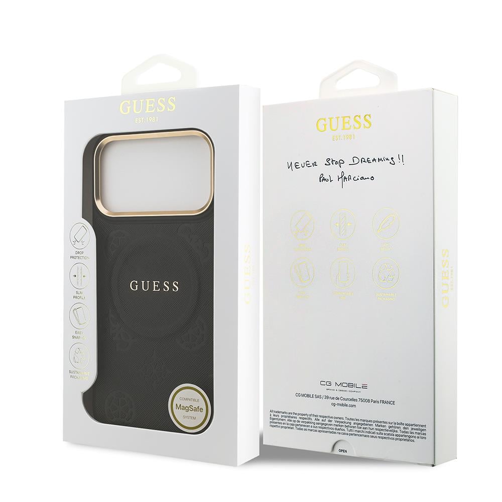 Apple iPhone 17 Pro Max Kılıf Guess Orjinal Lisanslı M-safe Şarj Özellikli Sıcak Baskılı Yazı Logolu PU Deri Peony Kapak