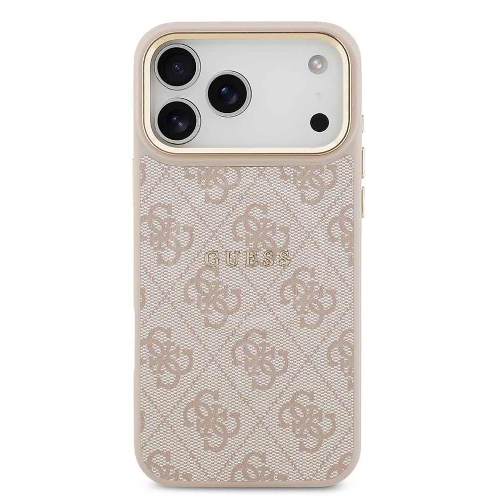 Apple iPhone 17 Pro Max Kılıf Guess Orjinal Lisanslı M-safe Şarj Özellikli Gold Metal Kamera Çerçeveli PU Deri 4G Desenli Yazı Logolu Kapak