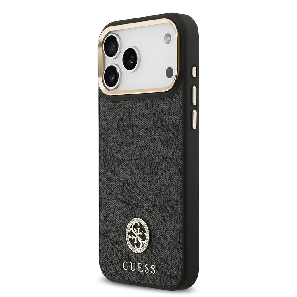 Apple iPhone 17 Pro Max Kılıf Guess Orjinal Lisanslı M-safe Şarj Özellikli Gold Metal Kamera Çerçeveli Taşlı 4G Logolu Kapak