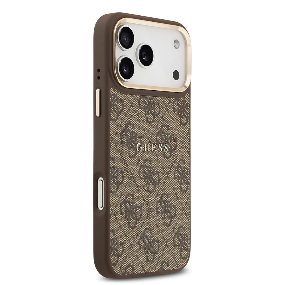 Apple iPhone 17 Pro Max Kılıf Guess Orjinal Lisanslı M-safe Şarj Özellikli Gold Metal Kamera Çerçeveli PU Deri 4G Desenli Yazı Logolu Kapak