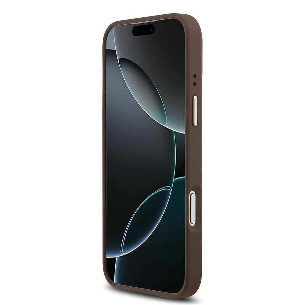 Apple iPhone 17 Pro Max Kılıf Guess Orjinal Lisanslı M-safe Şarj Özellikli Gold Metal Kamera Çerçeveli PU Deri 4G Desenli Yazı Logolu Kapak