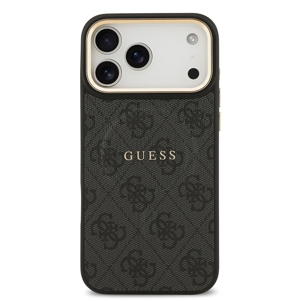 Apple iPhone 17 Pro Max Kılıf Guess Orjinal Lisanslı M-safe Şarj Özellikli Gold Metal Kamera Çerçeveli PU Deri 4G Desenli Yazı Logolu Kapak