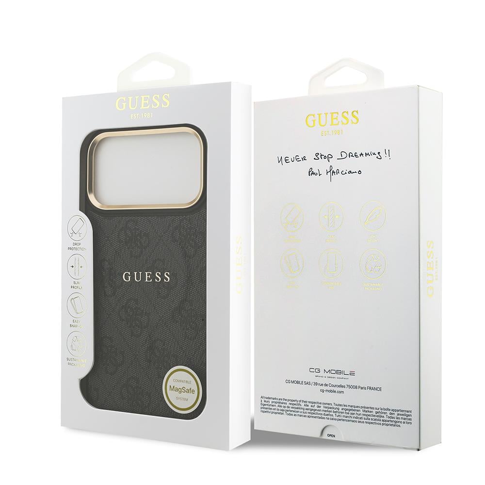 Apple iPhone 17 Pro Max Kılıf Guess Orjinal Lisanslı M-safe Şarj Özellikli Gold Metal Kamera Çerçeveli PU Deri 4G Desenli Yazı Logolu Kapak