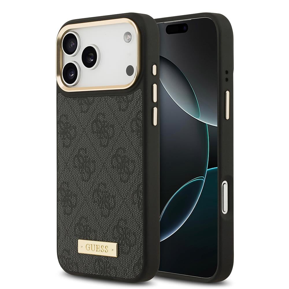 Apple iPhone 17 Pro Max Kılıf Guess Orjinal Lisanslı M-safe Şarj Özellikli 4G Desenli PU Metal Plaka Klasik Logolu Kapak
