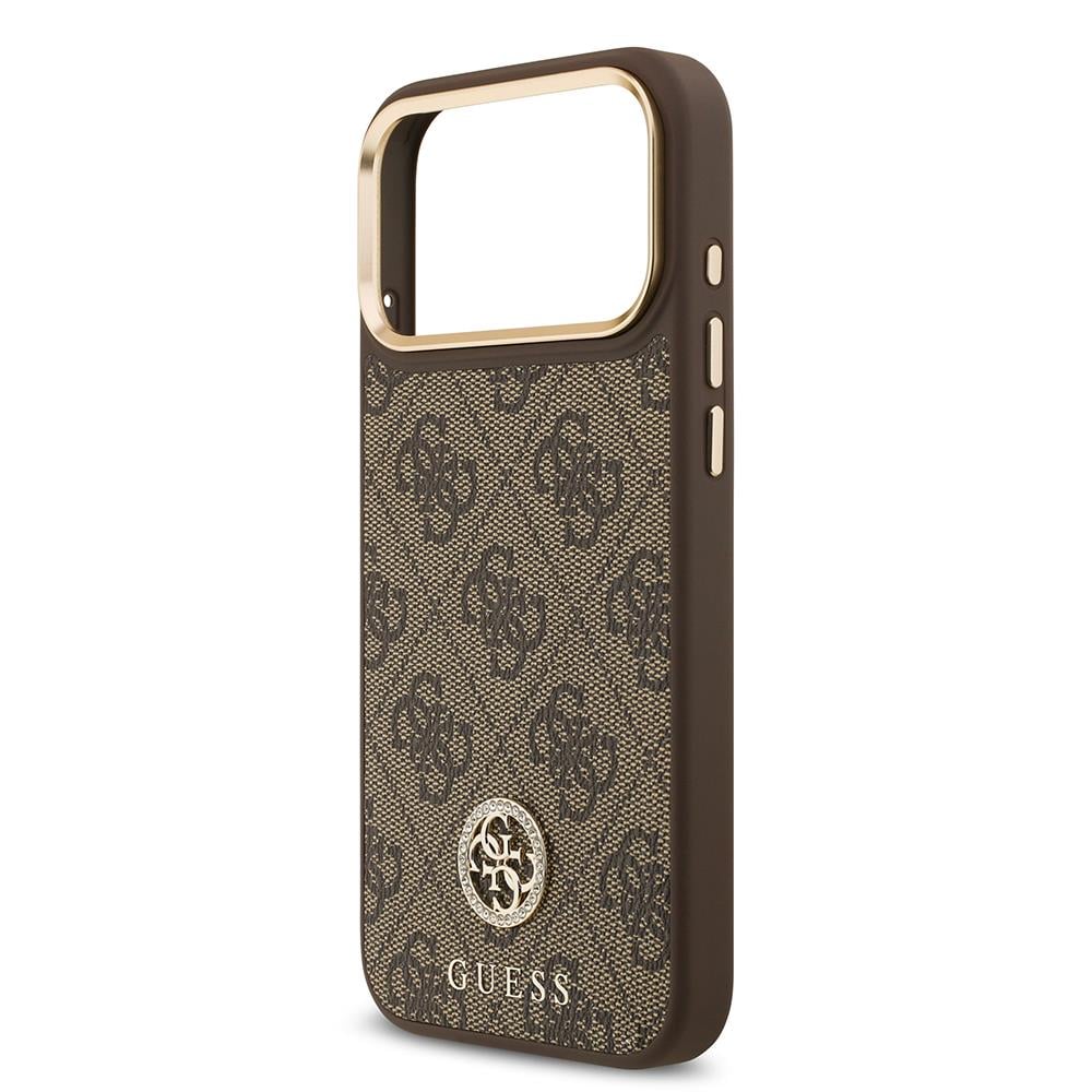 Apple iPhone 17 Pro Max Kılıf Guess Orjinal Lisanslı M-safe Şarj Özellikli Gold Metal Kamera Çerçeveli Taşlı 4G Logolu Kapak