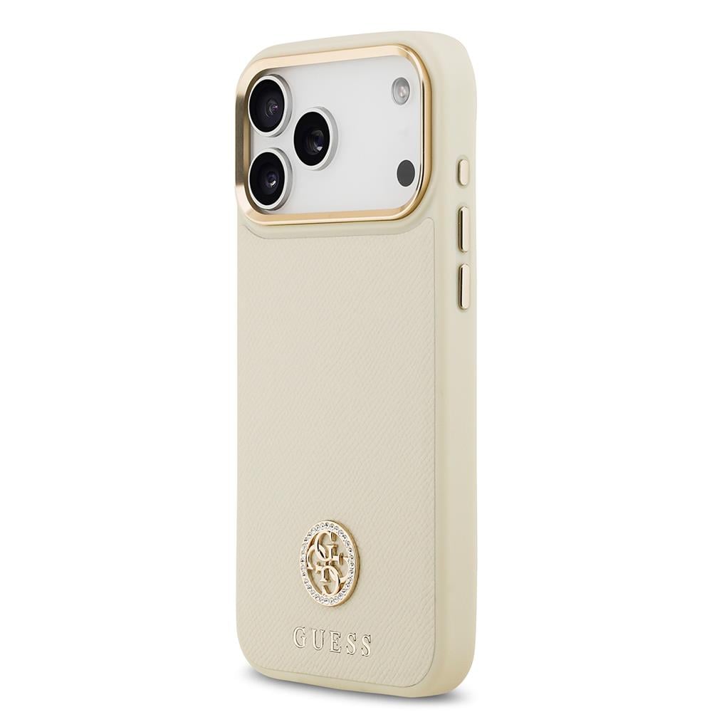 Apple iPhone 17 Pro Max Kılıf Guess Orjinal Lisanslı M-safe Şarj Özellikli Grained Yazı ve Taşlı 4G Logolu Kapak