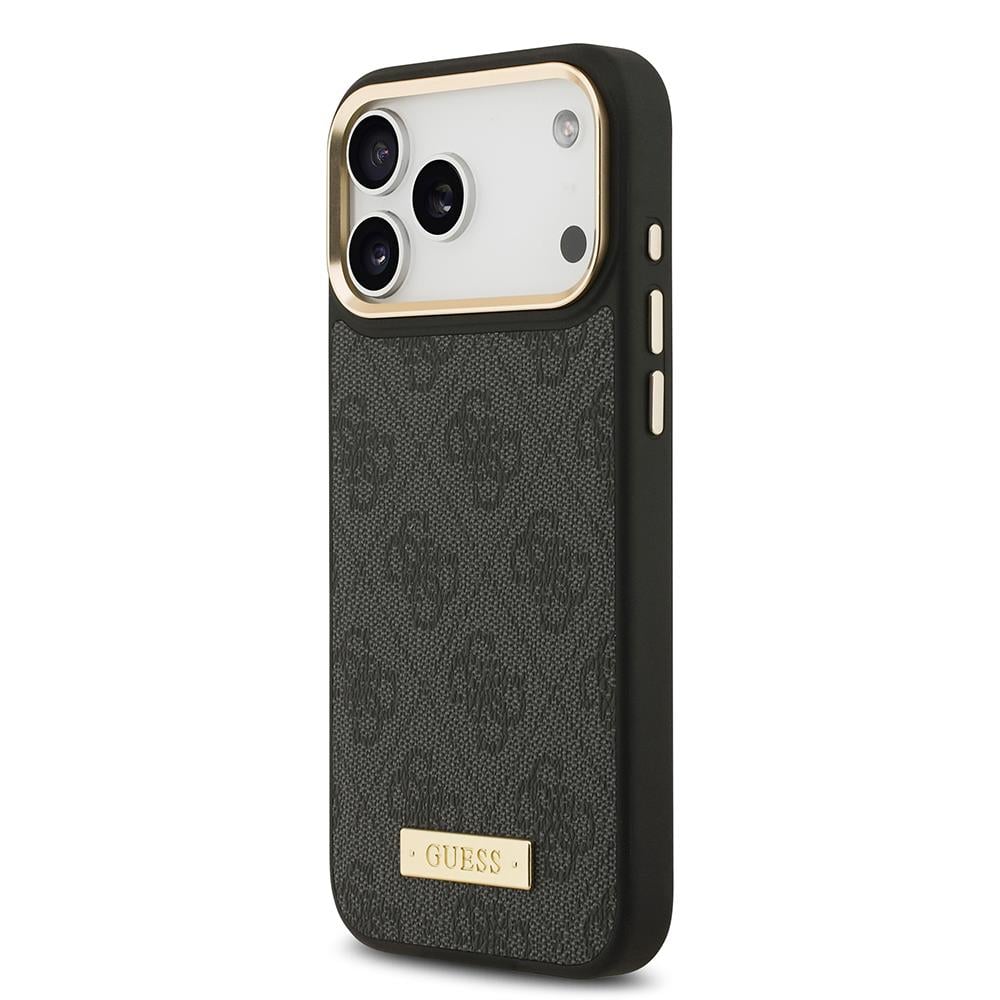 Apple iPhone 17 Pro Max Kılıf Guess Orjinal Lisanslı M-safe Şarj Özellikli 4G Desenli PU Metal Plaka Klasik Logolu Kapak