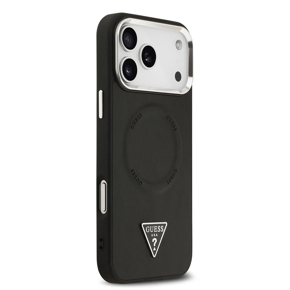 Apple iPhone 17 Pro Max Kılıf Guess Orjinal Lisanslı M-safe Şarj Özellikli PU Deri Metal Kamera Çerçeveli Üçgen Logolu Kapak
