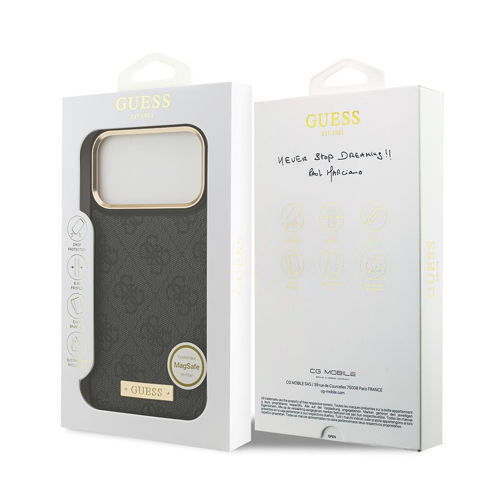 Apple iPhone 17 Pro Max Kılıf Guess Orjinal Lisanslı M-safe Şarj Özellikli 4G Desenli PU Metal Plaka Klasik Logolu Kapak
