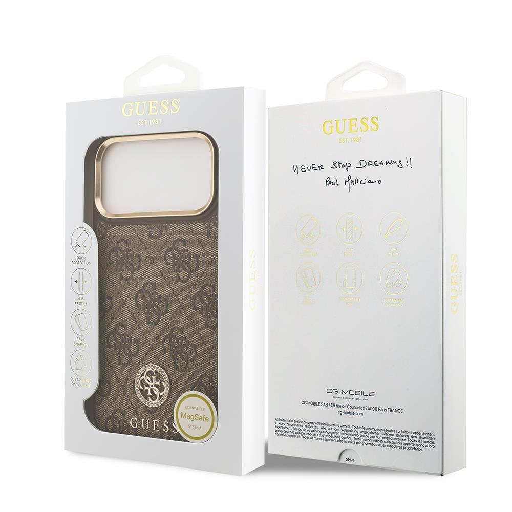 Apple iPhone 17 Pro Max Kılıf Guess Orjinal Lisanslı M-safe Şarj Özellikli Gold Metal Kamera Çerçeveli Taşlı 4G Logolu Kapak