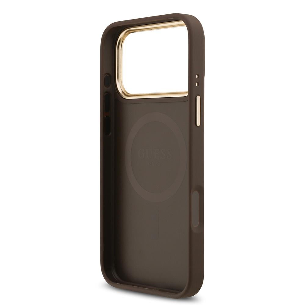 Apple iPhone 17 Pro Max Kılıf Guess Orjinal Lisanslı M-safe Şarj Özellikli Gold Metal Kamera Çerçeveli Taşlı 4G Logolu Kapak