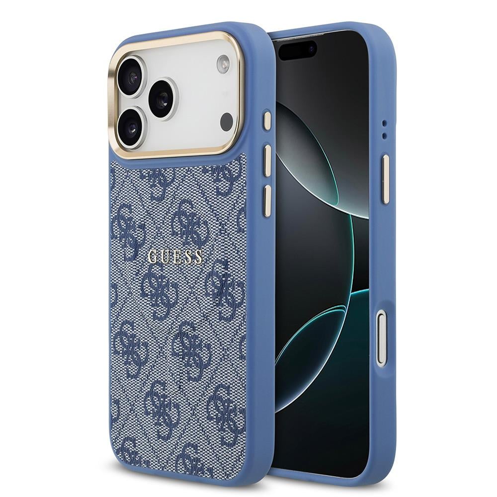 Apple iPhone 17 Pro Max Kılıf Guess Orjinal Lisanslı M-safe Şarj Özellikli Gold Metal Kamera Çerçeveli PU Deri 4G Desenli Yazı Logolu Kapak
