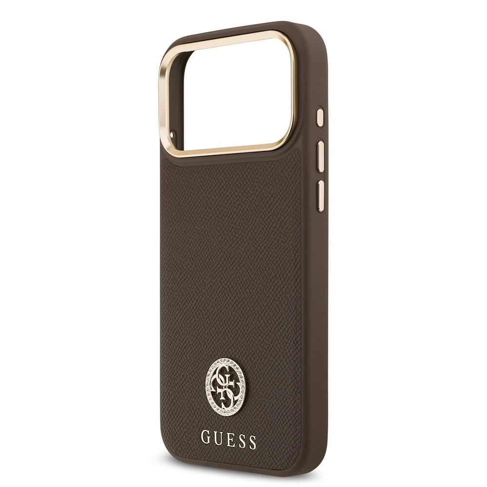 Apple iPhone 17 Pro Max Kılıf Guess Orjinal Lisanslı M-safe Şarj Özellikli Grained Yazı ve Taşlı 4G Logolu Kapak