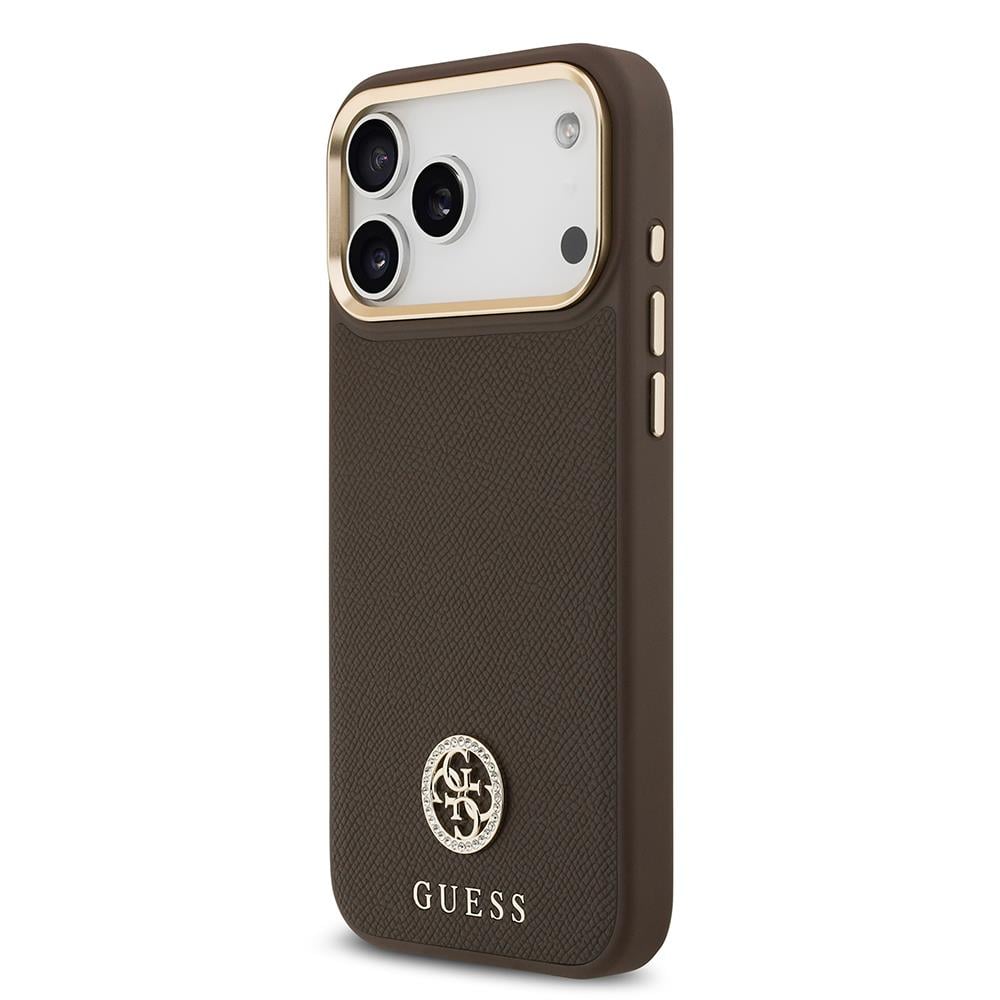 Apple iPhone 17 Pro Max Kılıf Guess Orjinal Lisanslı M-safe Şarj Özellikli Grained Yazı ve Taşlı 4G Logolu Kapak