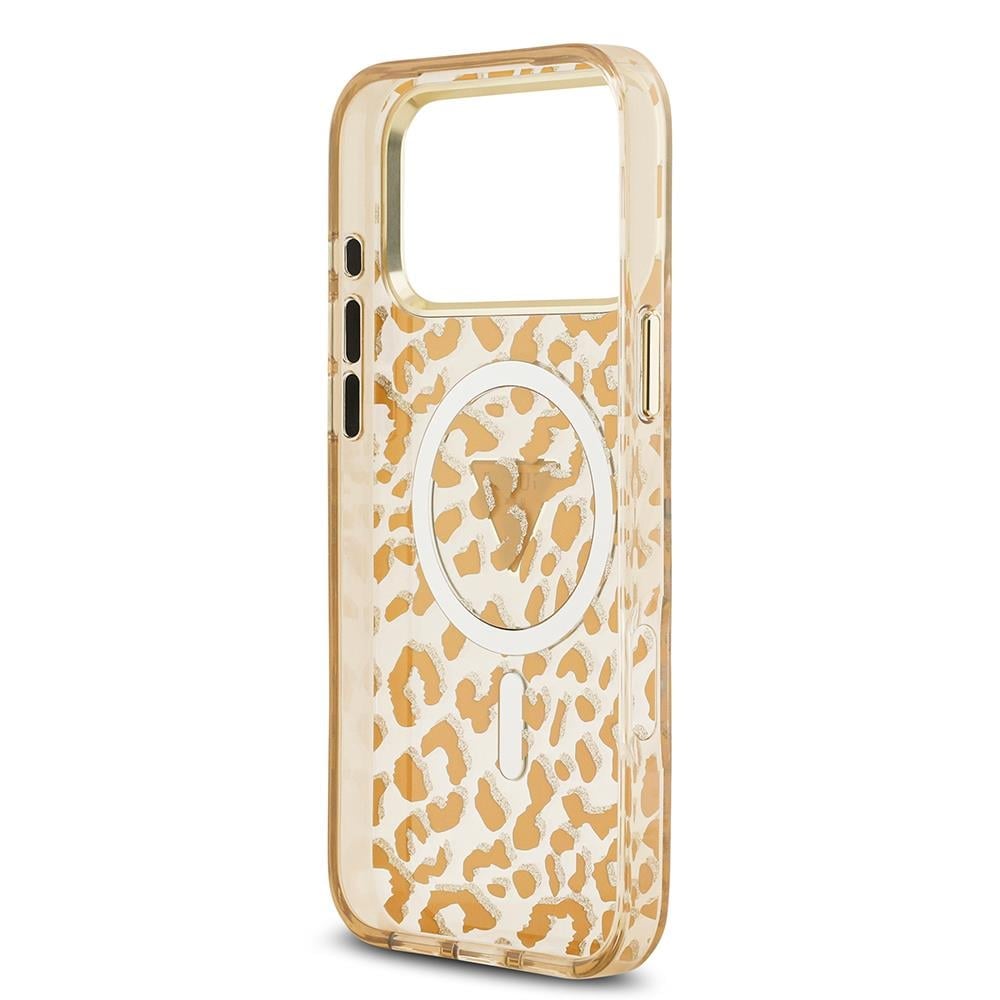 Apple iPhone 17 Pro Max Kılıf Guess Orjinal Lisanslı M-safe Şarj Özellikli Üçgen Logolu Simli Leopar Desenli Kapak