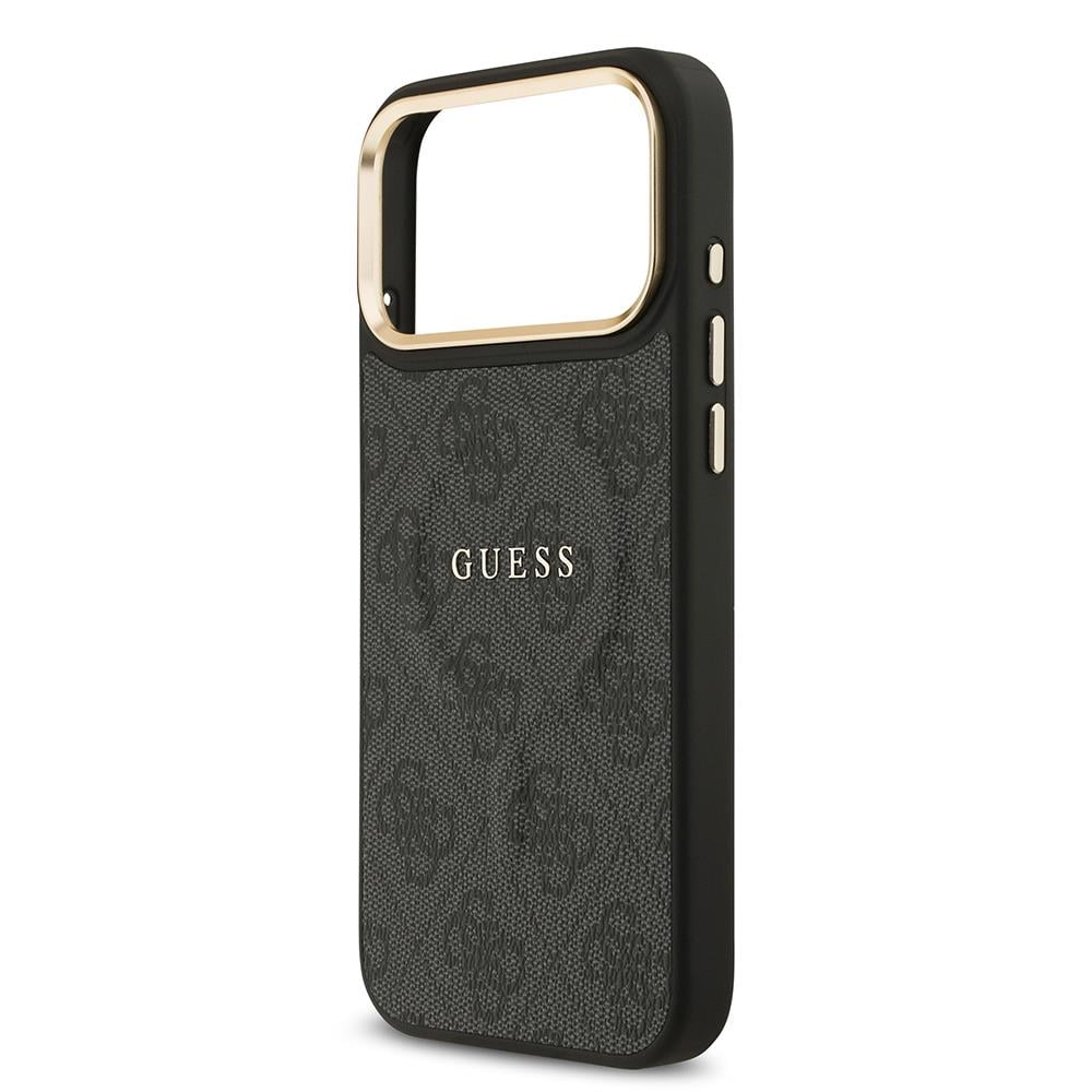 Apple iPhone 17 Pro Max Kılıf Guess Orjinal Lisanslı M-safe Şarj Özellikli Gold Metal Kamera Çerçeveli PU Deri 4G Desenli Yazı Logolu Kapak