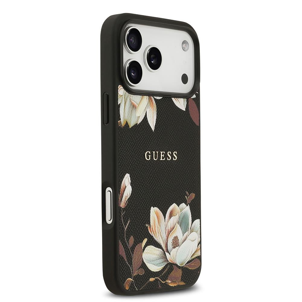 Apple iPhone 17 Pro Max Kılıf Guess Orjinal Lisanslı M-safe Şarj Özellikli Taneli Çiçek Tasarımlı Metal Yazı Logolu Kapak