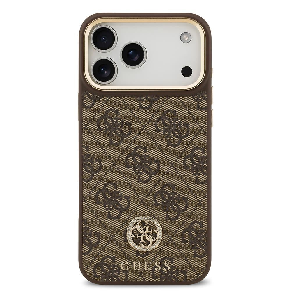 Apple iPhone 17 Pro Max Kılıf Guess Orjinal Lisanslı M-safe Şarj Özellikli Gold Metal Kamera Çerçeveli Taşlı 4G Logolu Kapak