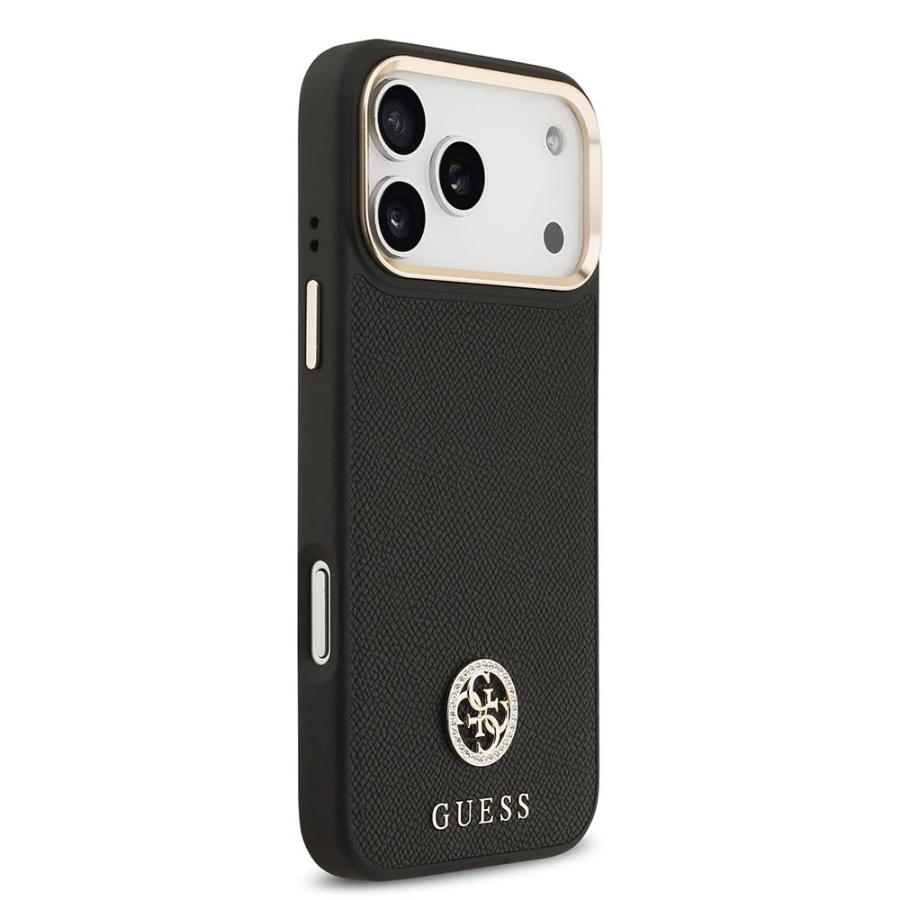 Apple iPhone 17 Pro Max Kılıf Guess Orjinal Lisanslı M-safe Şarj Özellikli Grained Yazı ve Taşlı 4G Logolu Kapak
