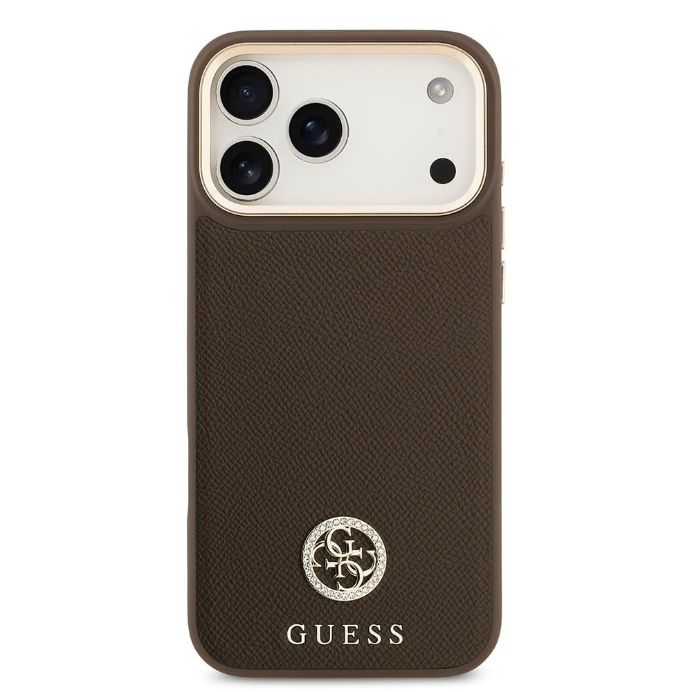 Apple iPhone 17 Pro Max Kılıf Guess Orjinal Lisanslı M-safe Şarj Özellikli Grained Yazı ve Taşlı 4G Logolu Kapak