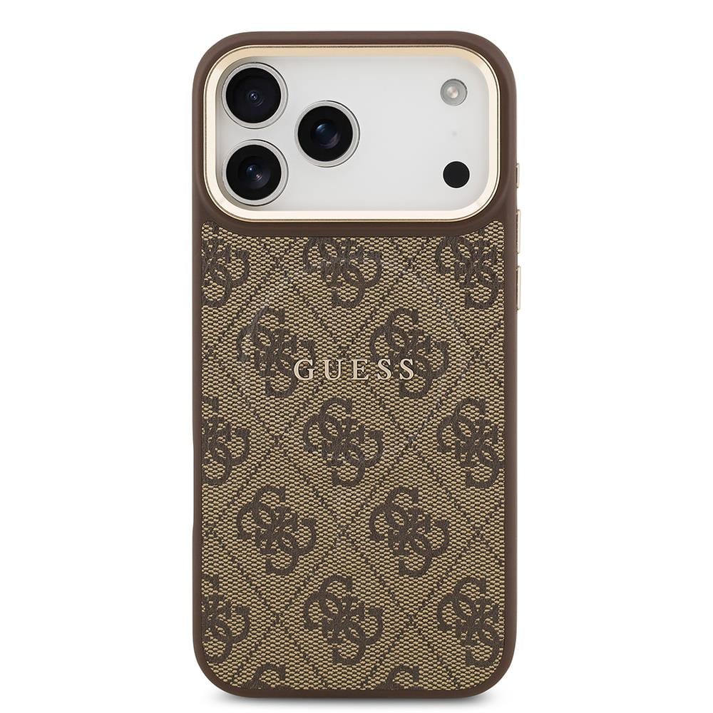 Apple iPhone 17 Pro Max Kılıf Guess Orjinal Lisanslı M-safe Şarj Özellikli Gold Metal Kamera Çerçeveli PU Deri 4G Desenli Yazı Logolu Kapak