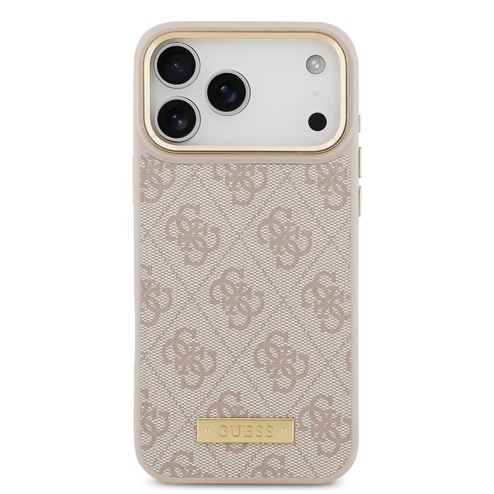 Apple iPhone 17 Pro Max Kılıf Guess Orjinal Lisanslı M-safe Şarj Özellikli 4G Desenli PU Metal Plaka Klasik Logolu Kapak
