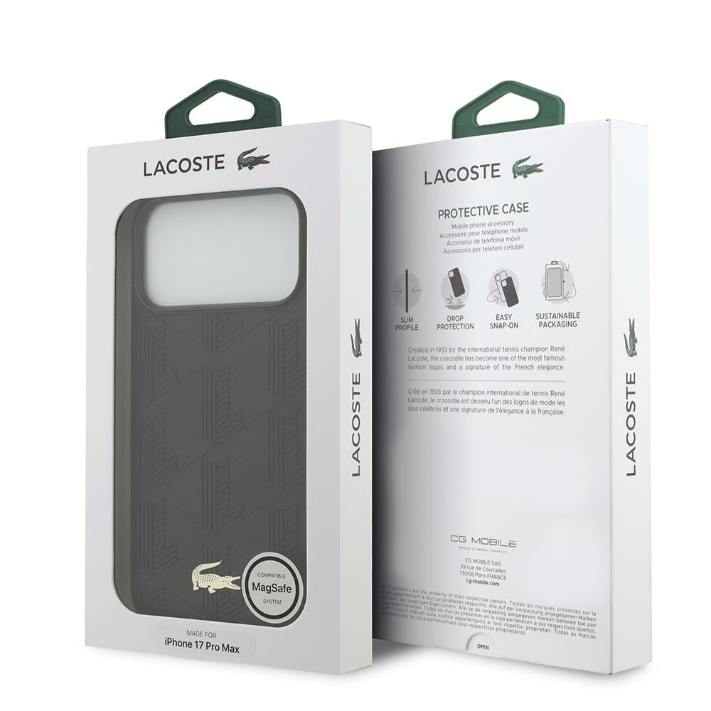Apple iPhone 17 Pro Max Kılıf Lacoste Orjinal Lisanslı M-safe Şarj Özellikli PU Deri Tasarımlı Karışık Monogram Desenli Kapak