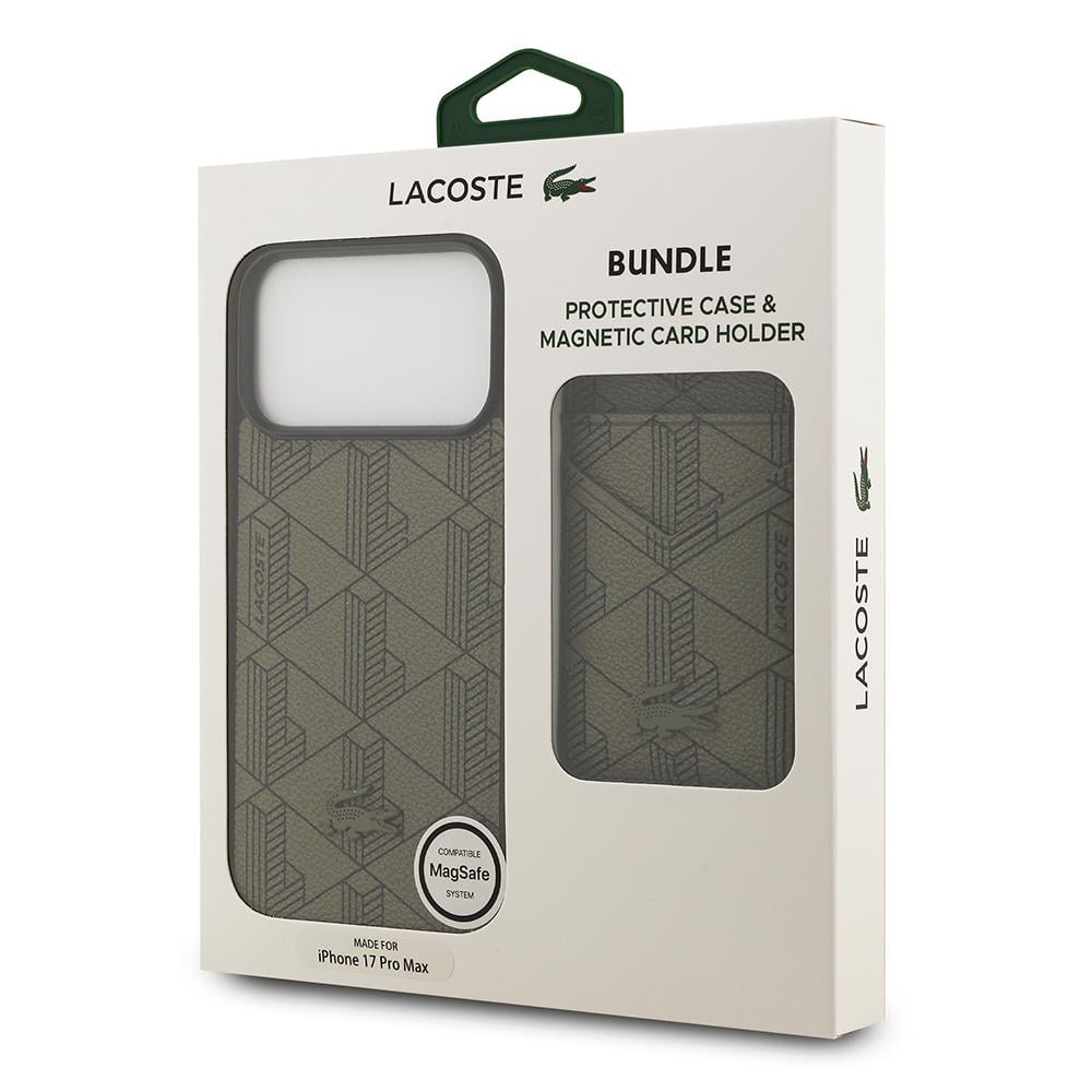 Apple iPhone 17 Pro Max Kılıf Lacoste Orjinal Lisanslı M-safe Şarj Özellikli PU Deri Tasarımlı Kartlıklı Karışık Monogram Desenli Kapak