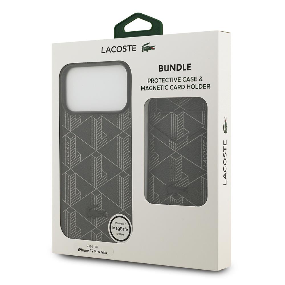 Apple iPhone 17 Pro Max Kılıf Lacoste Orjinal Lisanslı M-safe Şarj Özellikli PU Deri Tasarımlı Kartlıklı Karışık Monogram Desenli Kapak