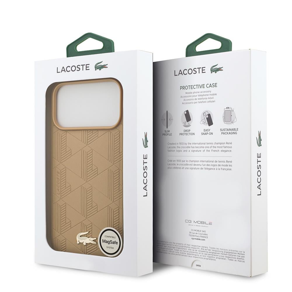 Apple iPhone 17 Pro Max Kılıf Lacoste Orjinal Lisanslı M-safe Şarj Özellikli PU Deri Tasarımlı Karışık Monogram Desenli Kapak