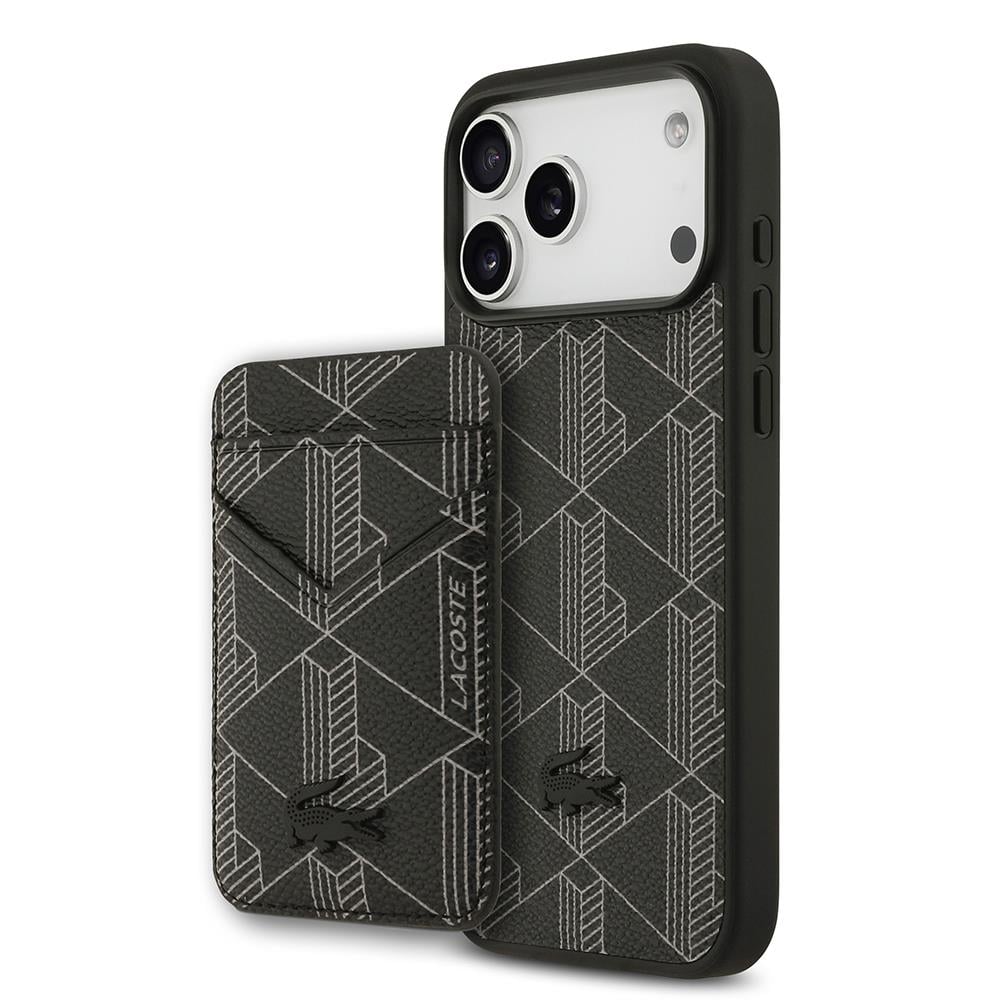 Apple iPhone 17 Pro Max Kılıf Lacoste Orjinal Lisanslı M-safe Şarj Özellikli PU Deri Tasarımlı Kartlıklı Karışık Monogram Desenli Kapak